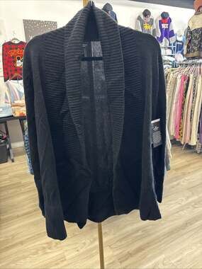 NWT C by Bloomingdale's 100% Cashmere Shawl Cardigan Black Medium 2-Ply 15010